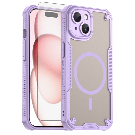 Asuwish Phone Case for iPhone 15 6.1 inch Compatible with Magsafe Magnetic Tempered Glass Screen Protector Translucent Matte Back Shockproof Protective Cell Cover iPhone15 i15 15Case Women Men Purple