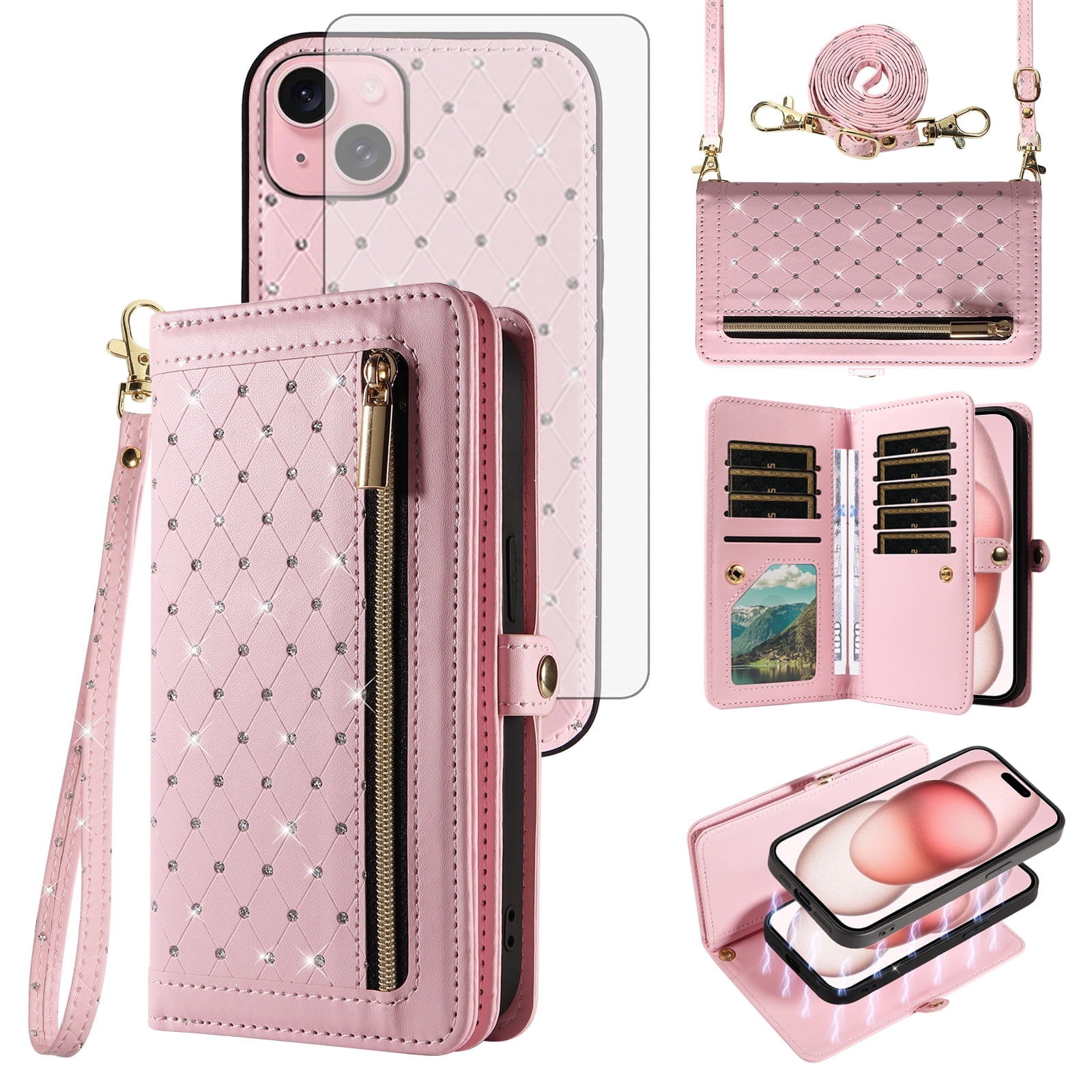 Asuwish Phone Case for iPhone 15 6.1 inch Zipper Wallet Detachable Cell Cover with Tempered Glass Screen Protector Crossbody Lanyard Strap Bling Glitter Flip Card Holder Slot iP15 Women Girls Pink