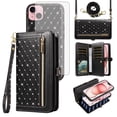 thumbnail image 1 of Asuwish Phone Case for iPhone 15 6.1 inch Zipper Wallet Detachable Cell Cover with Tempered Glass Screen Protector Crossbody Lanyard Strap Bling Glitter Flip Card Holder Slot iP15 Women Girls Black, 1 of 8