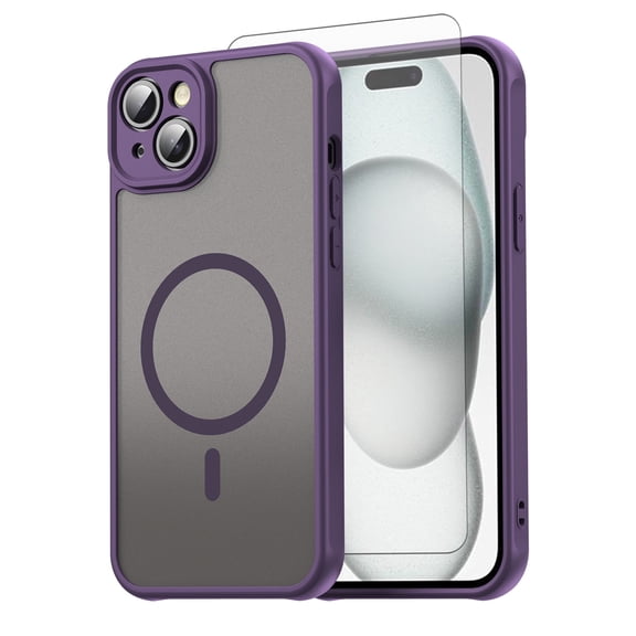 Asuwish Phone Case Compatible with iPhone 15 Plus 6.7 in Magnetic ring Translucent Matte Anti-fingerprint Back Military Grade DropProof Shockproof Protective Cell Cover iP15+ Women Men Purple