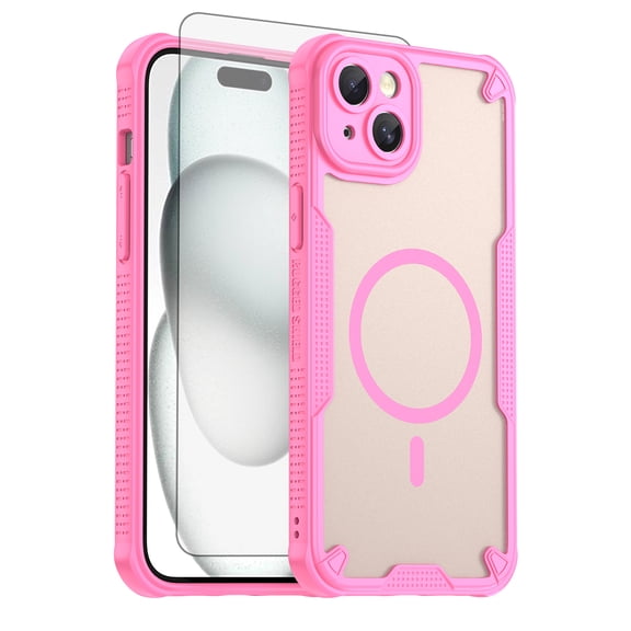 Asuwish Phone Case for iPhone 15 Plus 6.7 inch Compatible with Magsafe Magnetic Tempered Glass Screen Protector Translucent Matte Back Shockproof Protective Cell Cover i 15 15+ 15Plus Women Men Pink