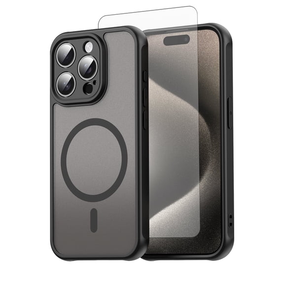 Asuwish Phone Case Compatible with iPhone 15 Pro 6.1 in Magnetic ring Translucent Matte Anti-fingerprint Back Military Grade DropProof Shockproof Protective Cell Cover iP15Pro Women Men Black