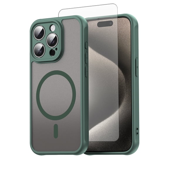 Asuwish Phone Case Compatible with iPhone 15 Pro 6.1 in Magnetic ring Translucent Matte Anti-fingerprint Back Military Grade DropProof Shockproof Protective Cell Cover iP15Pro Women Men Green
