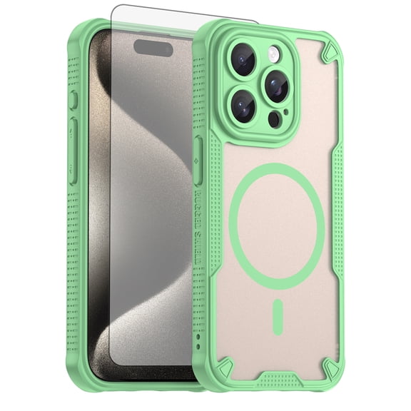 Asuwish Phone Case for iPhone 15 Pro 6.1 inch Compatible with Magsafe Magnetic Tempered Glass Screen Protector Translucent Matte Back Shockproof Protective Cell Cover i Phone15Pro Women Men Green