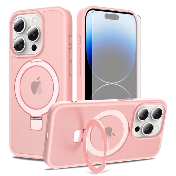 Asuwish Phone Case for iPhone 15 Pro 6.1 inch Tempered Glass Screen Protector Magnetic Folding Stand Frosted Translucent Rugged Shockproof Protective Cell Cover i Phone15 i15 15Pro Women Men Pink