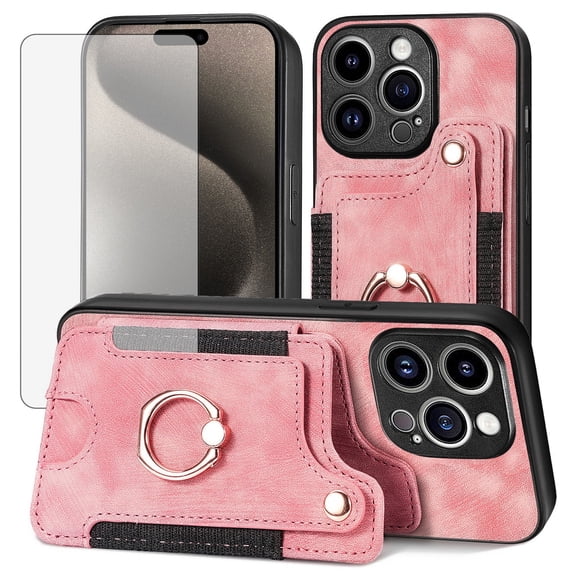 Asuwish Phone Case for iPhone 15 Pro 6.1 inch Wallet Cell Cover with Tempered Glass Screen Protector Slim Lanyard Wrist Strap RFID Ring Stand Credit Card Holder Slot i Phone15 i15Pro Women Men Pink
