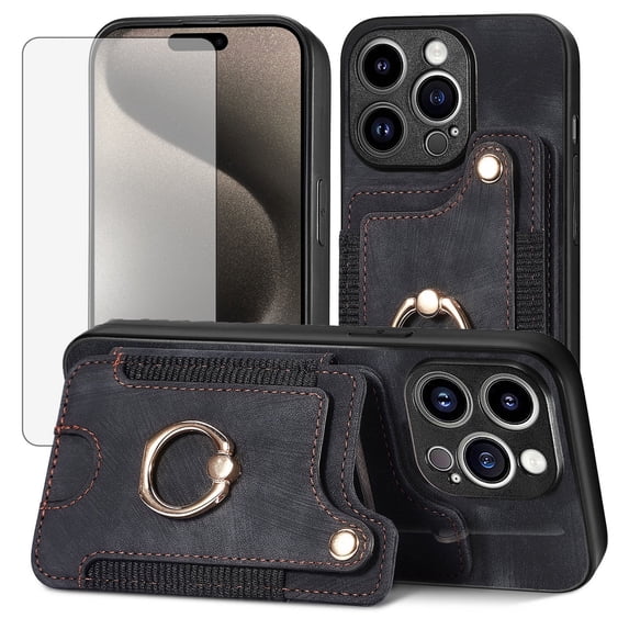 Asuwish Phone Case for iPhone 15 Pro 6.1 inch Wallet Cell Cover with Tempered Glass Screen Protector Slim Lanyard Wrist Strap RFID Ring Stand Credit Card Holder Slot i Phone15 i15Pro Women Men Black