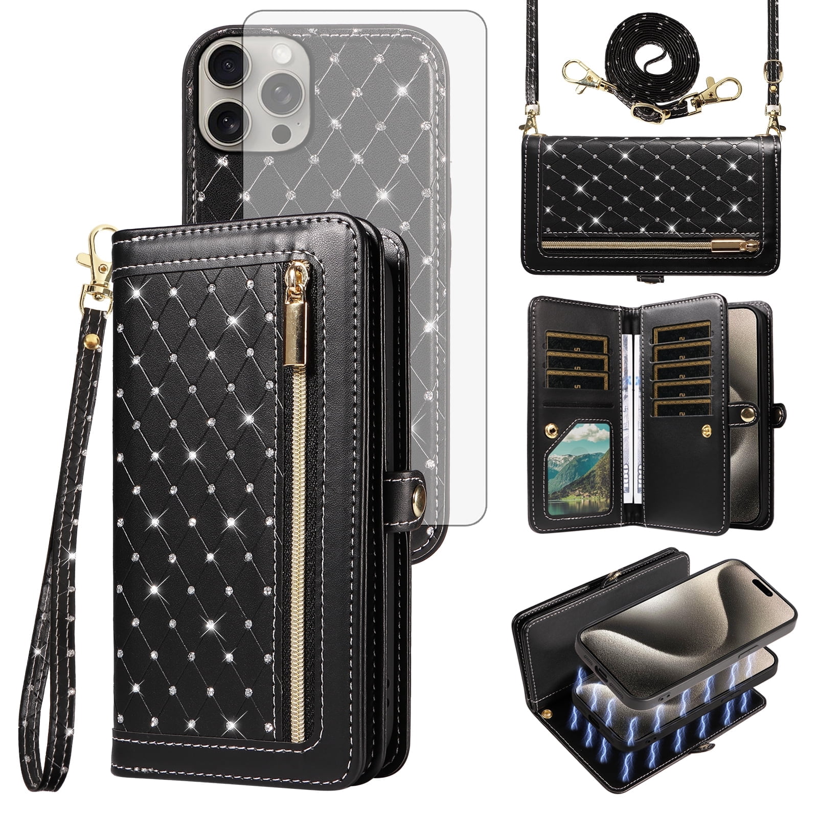 Asuwish Phone Case for iPhone 15 Pro 6.1 inch Zipper Wallet Detachable Cell Cover with Tempered Glass Screen Protector Crossbody Lanyard Strap Bling Glitter Flip Card Holder Slot i15Pro Women Black