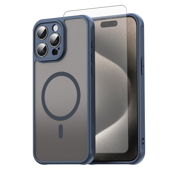 Asuwish Phone Case Compatible with iPhone 15 Pro Max 6.7 Magnetic ring Translucent Matte Anti-fingerprint Back Military Grade DropProof Shockproof Protective Cell Cover iP15max Women Men Blue