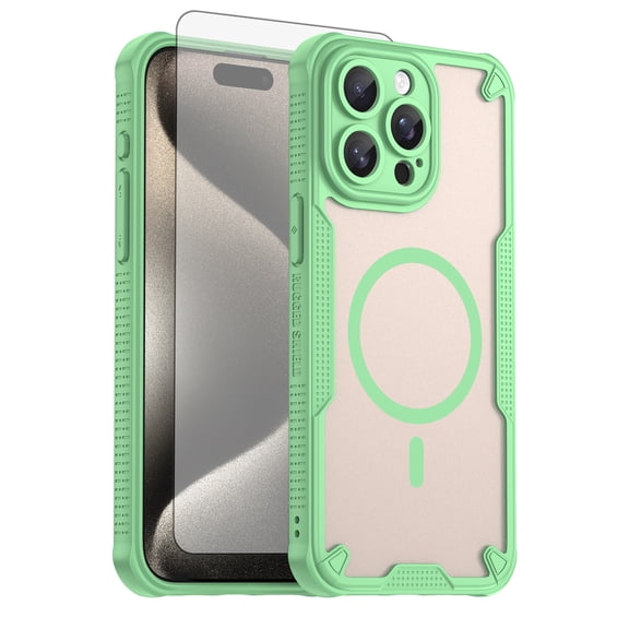 Asuwish Phone Case for iPhone 15 Pro Max 6.7 inch Compatible with Magsafe Magnetic Tempered Glass Screen Protector Translucent Matte Back Shockproof Protective Cell Cover i 15ProMax Women Men Green