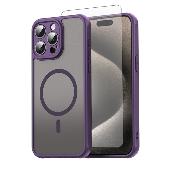 Asuwish Phone Case Compatible with iPhone 15 Pro Max Magnetic ring Translucent Matte Anti-fingerprint Back Military Grade DropProof Shockproof Protective Cell Cover iP15max Women Men Purple