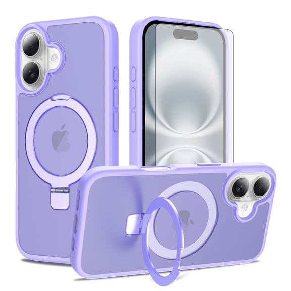 Asuwish Phone Case for iPhone 16 6.1 inch Tempered Glass Screen Protector Magnetic Folding Stand Frosted Translucent Rugged Shockproof Protective Cell Cover i Phone16 i16 16Case Women Men Purple