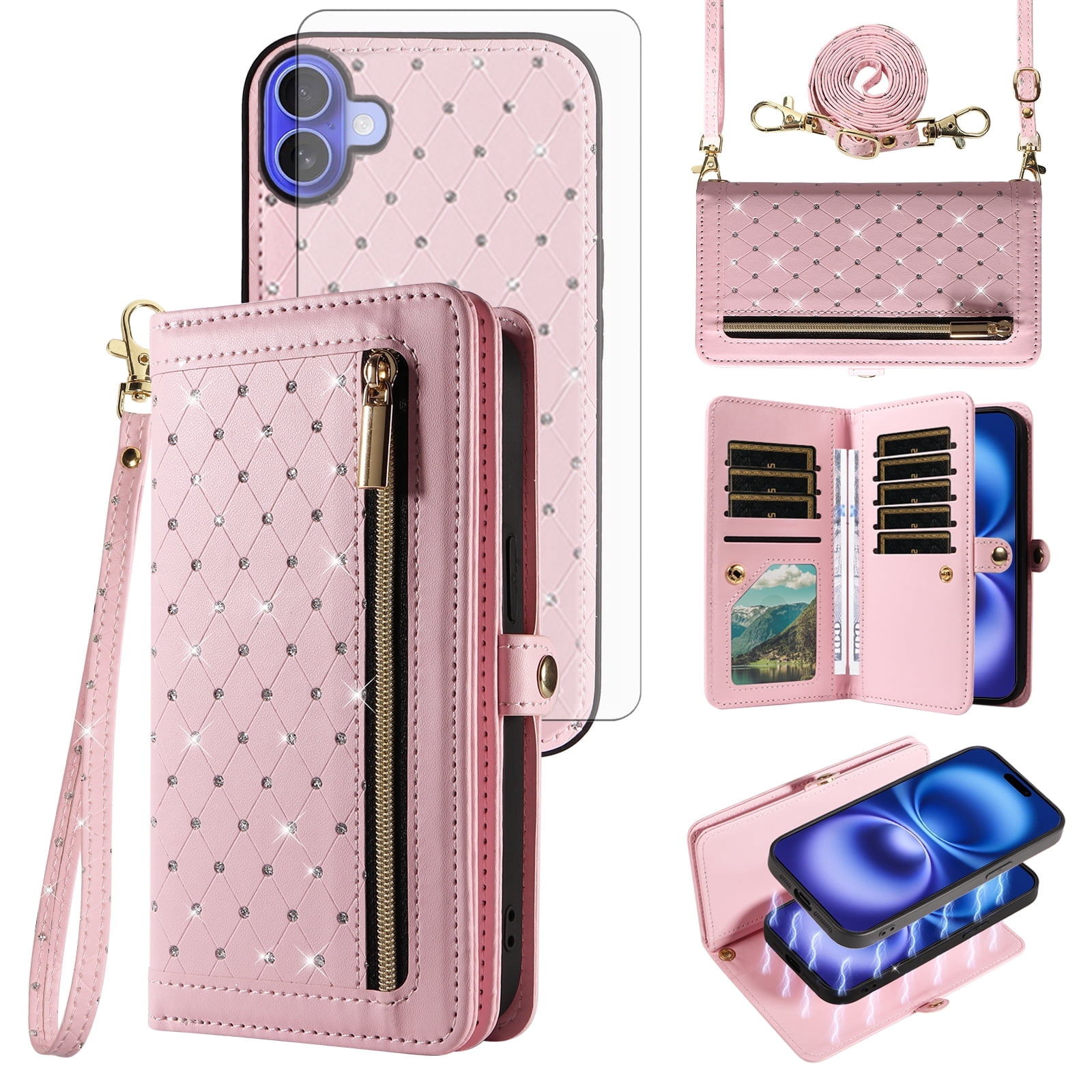 Asuwish Phone Case for iPhone 16 6.1 inch Zipper Wallet Detachable Cell Cover with Tempered Glass Screen Protector Crossbody Lanyard Strap Bling Glitter Flip Card Holder Slot i Phone16 i16Case Pink