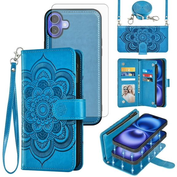 Asuwish Phone Case for iPhone 16 6.1 inch Zipper Wallet Magnetic Detachable Cell Cover with Tempered Glass Screen Protector Crossbody Strap Flower Card Holder Slot i Phone16 i16 16Case Women Blue
