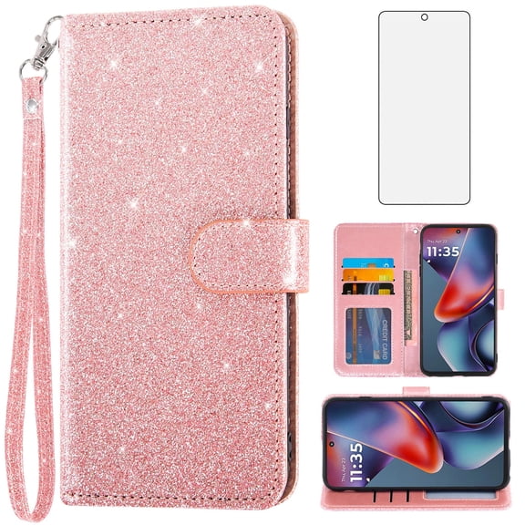 Asuwish Compatible with Motorola Moto G 5G 2025 Wallet Phone Case and Tempered Glass Screen Protector Flip Credit Card Holder Stand Bling Glitter Cell Cover for G5G 5 G G5 Women Men Pink