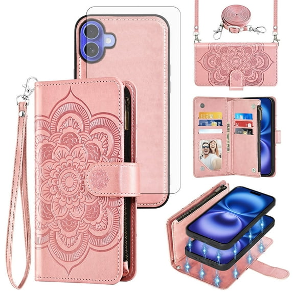 Asuwish Phone Case for iPhone 16 6.1 inch Zipper Wallet Magnetic Detachable Cell Cover with Tempered Glass Screen Protector Crossbody Strap Flower Card Holder Slot i Phone16 i16 16Case Women Pink