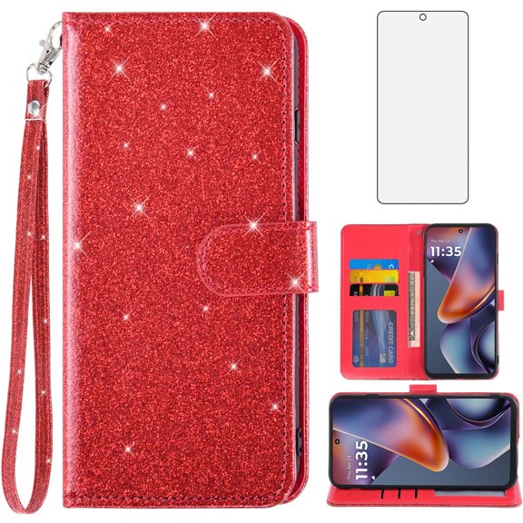 Asuwish Compatible with Motorola Moto G 5G 2025 Wallet Phone Case and Tempered Glass Screen Protector Flip Credit Card Holder Stand Bling Glitter Cell Cover for G5G 5 G G5 Women Men Red