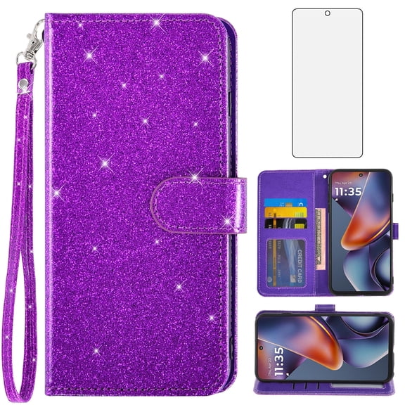 Asuwish Compatible with Motorola Moto G 5G 2025 Wallet Phone Case and Tempered Glass Screen Protector Flip Credit Card Holder Stand Bling Glitter Cell Cover for G5G 5 G G5 Women Men Purple