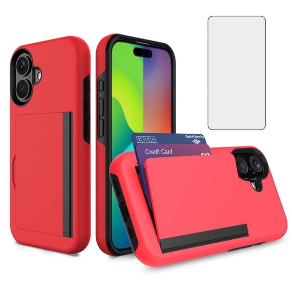 Asuwish Phone Case for iPhone 16 Plus 6.7 inch Wallet Cell Cover with Tempered Glass Screen Protector Slim Credit Card Holder Slot Hard Hybrid Protective i Phone16 16+ i16 + 16Plus Women Men Red