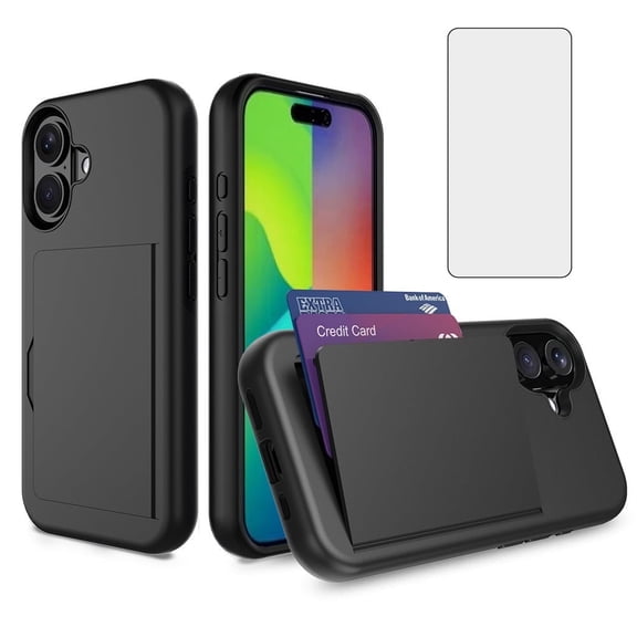Asuwish Phone Case for iPhone 16 Plus 6.7 inch Wallet Cell Cover with Tempered Glass Screen Protector Slim Credit Card Holder Slot Hard Hybrid Protective i Phone16 16+ i16 + 16Plus Women Men Black