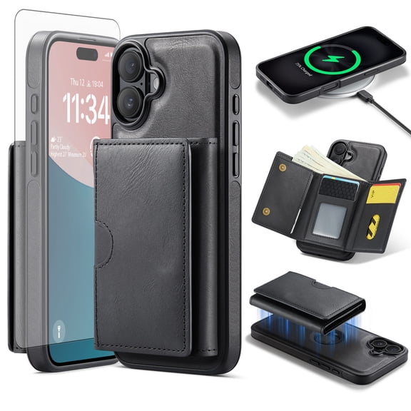 Asuwish Phone Case for iPhone 16 Plus 6.7 inch Wallet Magnetic Detachable Cell Cover with Wireless Charging and RFID Blocking Credit Card Holder Flip Stand i Phone16 16+ i16 + 16Plus Women Men Black
