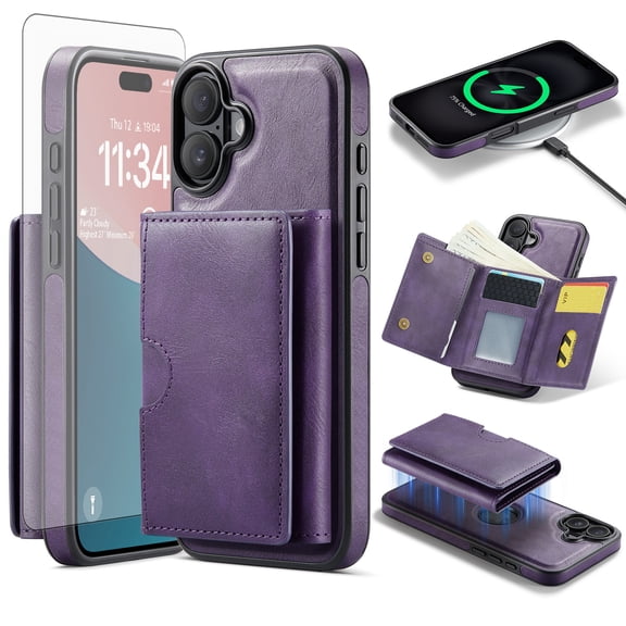 Asuwish Phone Case for iPhone 16 Plus 6.7 inch Wallet Magnetic Detachable Cell Cover with Wireless Charging and RFID Blocking Credit Card Holder Flip Stand i Phone16 16  i16   16Plus Women Men Purple