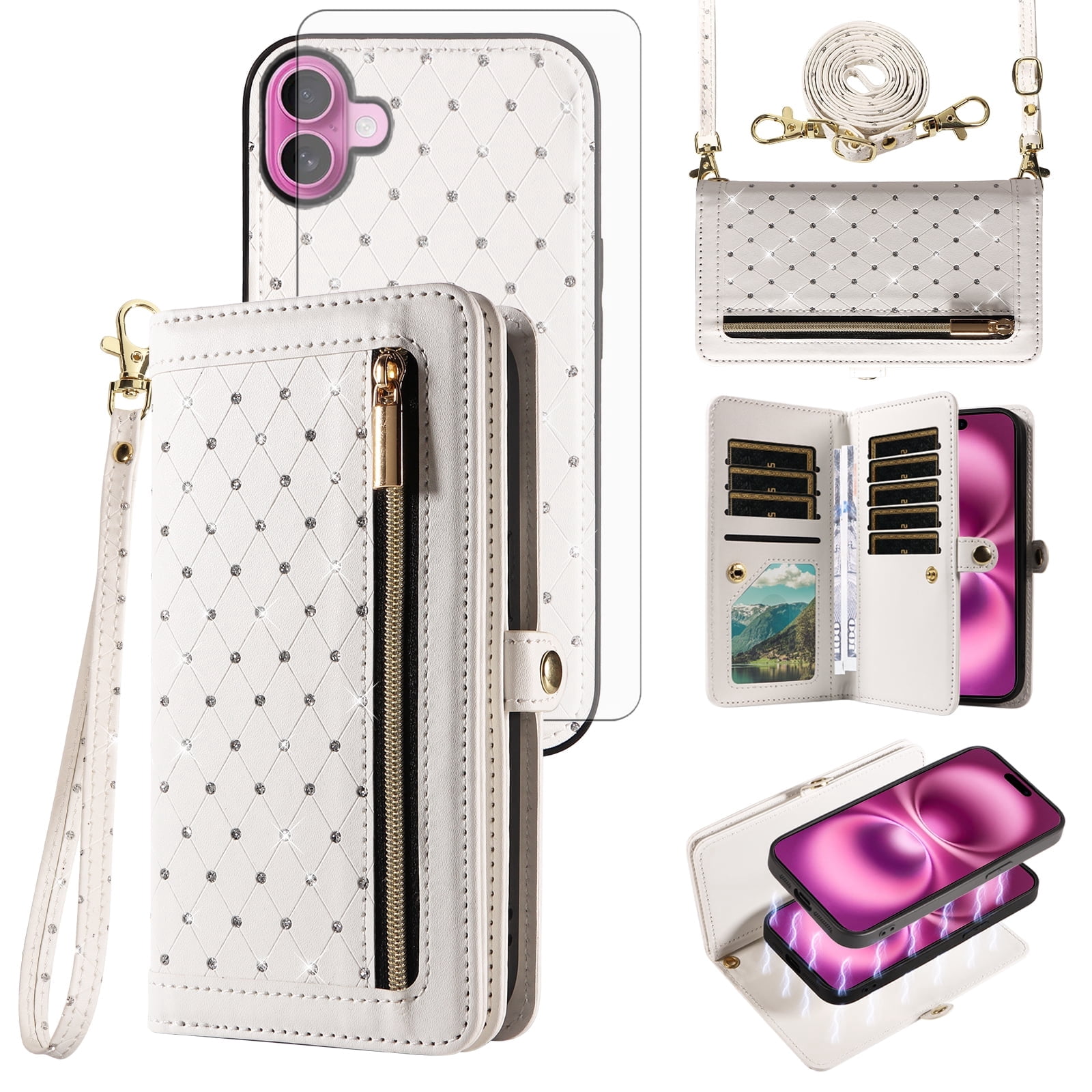 Asuwish Phone Case for iPhone 16 Plus 6.7 inch Zipper Wallet Detachable Cell Cover with Tempered Glass Screen Protector Crossbody Lanyard Strap Bling Glitter Flip Card Holder Slot i Phone16Plus White