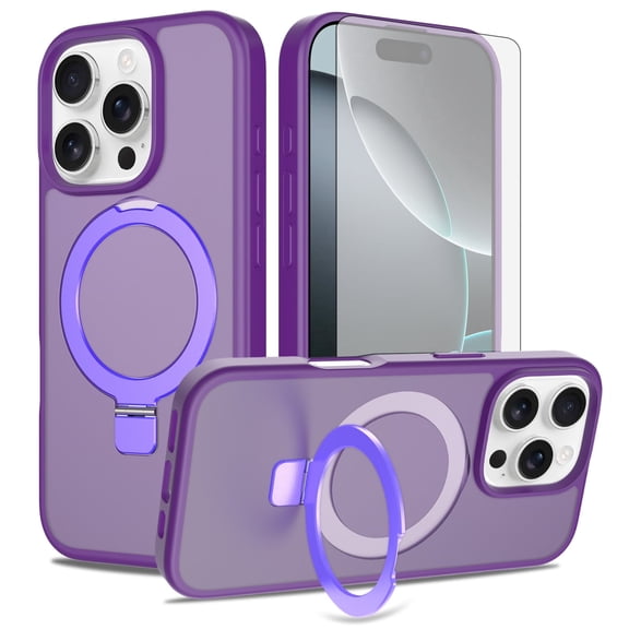 Asuwish Phone Case for iPhone 16 Pro 6.3 inch Tempered Glass Screen Protector Magnetic Folding Stand Frosted Translucent Rugged Shockproof Protective Cell Cover i Phone16 i16Pro Women Men Deep Purple