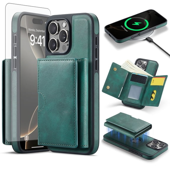 Asuwish Phone Case for iPhone 16 Pro 6.3 inch Wallet Magnetic Detachable Cell Cover with Wireless Charging and RFID Blocking Credit Card Holder Flip Stand i Phone16 i16 16Pro Women Men Green