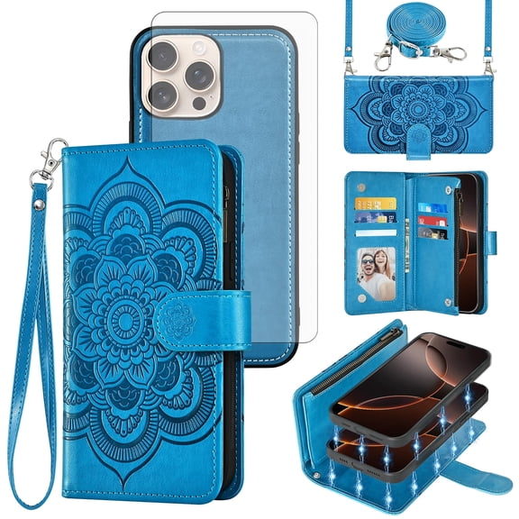 Asuwish Phone Case for iPhone 16 Pro 6.3 inch Zipper Wallet Magnetic Detachable Cell Cover with Tempered Glass Screen Protector Crossbody Strap Flower Card Holder Slot iPhone16 i16 16Pro Women Blue
