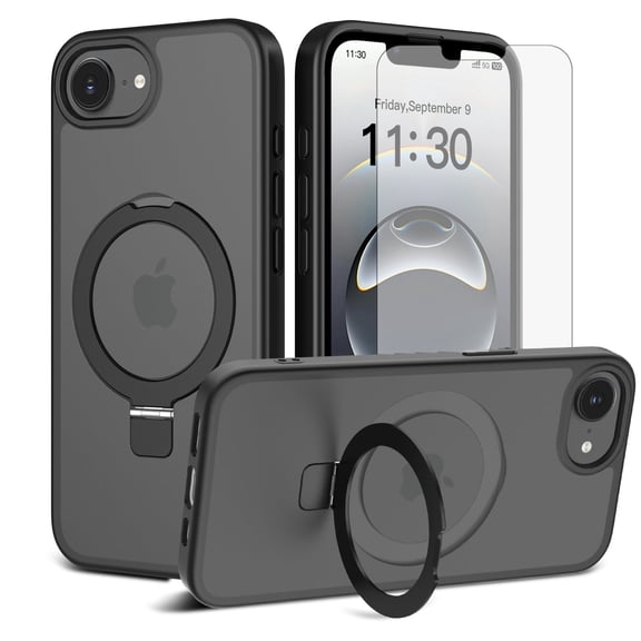 Asuwish Phone Case for iPhone 16e/SE 2025/SE 4 Tempered Glass Screen Protector Magnetic Folding Stand Frosted Translucent Rugged Shockproof Protective Cell Cover i Phone16e i16e SE4 Women Men Black