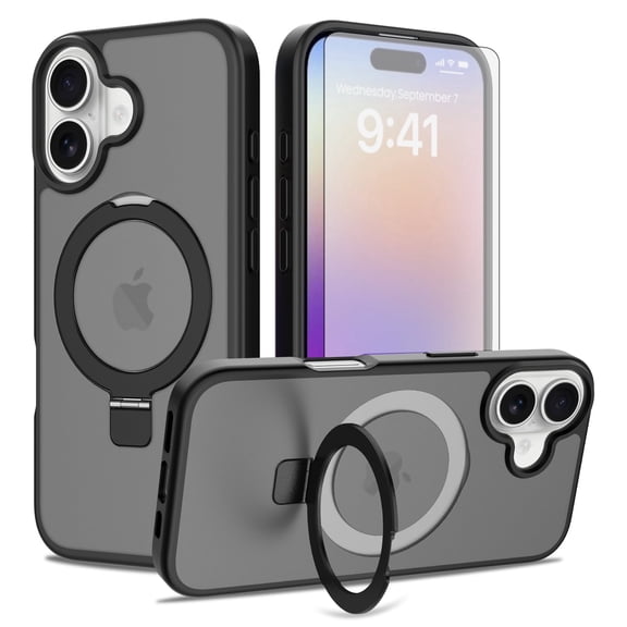 Asuwish Phone Case for iPhone 17 6.3 inch Tempered Glass Screen Protector Magnetic Folding Stand Frosted Translucent Rugged Shockproof Protective Cell Cover i Phone17 i17 17Case Women Men Black