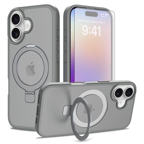 Asuwish Phone Case for iPhone 17 6.3 inch Tempered Glass Screen Protector Magnetic Folding Stand Frosted Translucent Rugged Shockproof Protective Cell Cover i Phone17 i17 17Case Women Men Gray