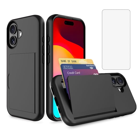 Asuwish Phone Case for iPhone 17 6.3 inch Wallet Cell Cover with Tempered Glass Screen Protector Slim Credit Card Holder Slot Hard Hybrid Protective i Phone17 i17 17Case Women Men Black