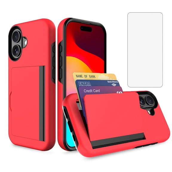 Asuwish Phone Case for iPhone 17 6.3 inch Wallet Cell Cover with Tempered Glass Screen Protector Slim Credit Card Holder Slot Hard Hybrid Protective i Phone17 i17 17Case Women Men Red