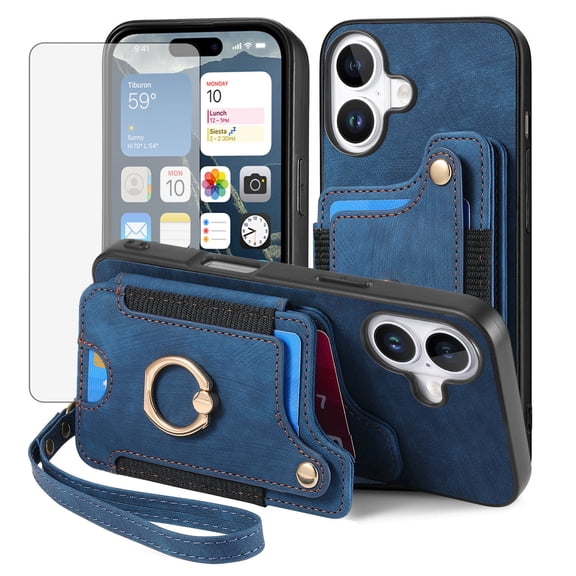 Asuwish Phone Case for iPhone 17 6.3 inch Wallet Cell Cover with Tempered Glass Screen Protector Slim Lanyard Wrist Strap RFID Ring Stand Credit Card Holder Slot i Phone17 i17 17Case Women Men Blue