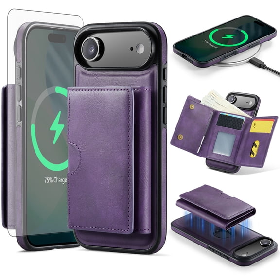 Asuwish Phone Case for iPhone 17 Air Wallet Magnetic Detachable Cell Cover with Wireless Charging and RFID Blocking Credit Card Holder Flip Stand Kickstand Rugged i Phone17Air 17Air Women Men Purple
