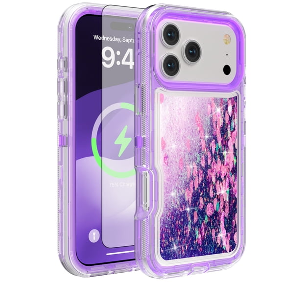 Asuwish Phone Case For iPhone 17 Pro 6.3 in Tempered Glass Screen Protector Bling Liquid Clear Hybrid Shockproof Military Grade Protective Heavy Duty Cell Cover i Phone17 i17 17Pro Women Girls Purple