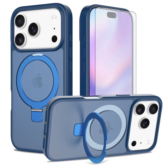 Asuwish Phone Case for iPhone 17 Pro 6.3 inch Tempered Glass Screen Protector Magnetic Folding Stand Frosted Translucent Rugged Shockproof Protective Cell Cover i Phone17 i17 17Pro Women Men Blue