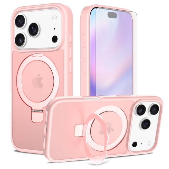 Asuwish Phone Case for iPhone 17 Pro 6.3 inch Tempered Glass Screen Protector Magnetic Folding Stand Frosted Translucent Rugged Shockproof Protective Cell Cover i Phone17 i17 17Pro Women Men Pink