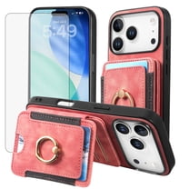 Asuwish Phone Case for iPhone 17 Pro 6.3 inch Wallet Cell Cover with Tempered Glass Screen Protector Slim Lanyard Wrist Strap RFID Ring Stand Credit Card Holder Slot i Phone17 i 17Pro Women Men Pink