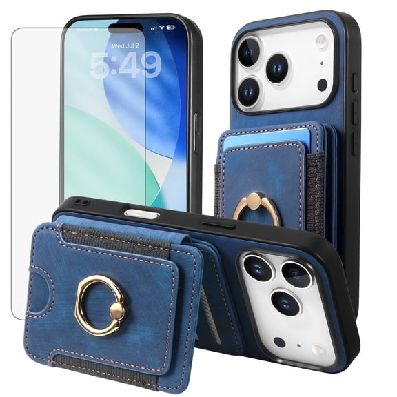 Asuwish Phone Case for iPhone 17 Pro 6.3 inch Wallet Cell Cover with Tempered Glass Screen Protector Slim Lanyard Wrist Strap RFID Ring Stand Credit Card Holder Slot i Phone17 i 17Pro Women Men Blue