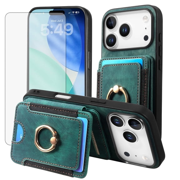Asuwish Phone Case for iPhone 17 Pro 6.3 inch Wallet Cell Cover with Tempered Glass Screen Protector Slim Lanyard Wrist Strap RFID Ring Stand Credit Card Holder Slot i Phone17 i 17Pro Women Men Green