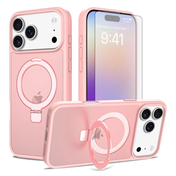 Asuwish Phone Case for iPhone 17 Pro Max 6.9 inch Tempered Glass Screen Protector Magnetic Folding Stand Frosted Translucent Rugged Shockproof Protective Cell Cover i Phone17 17ProMax Women Men Pink