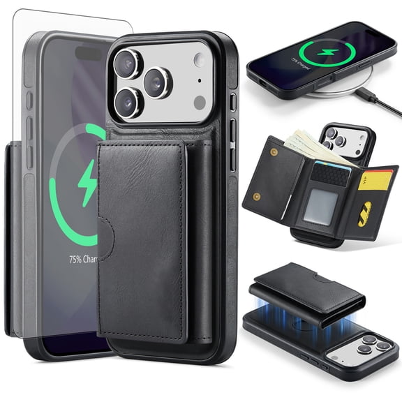 Asuwish Phone Case for iPhone 17 Pro Max Wallet Magnetic Detachable Cell Cover with Wireless Charging and RFID Blocking Credit Card Holder Stand i Phone17 17Pro i17 ProMax 17ProMax Women Men Black