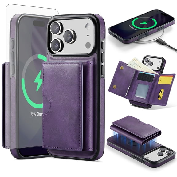Asuwish Phone Case for iPhone 17 Pro Max Wallet Magnetic Detachable Cell Cover with Wireless Charging and RFID Blocking Credit Card Holder Stand i Phone17 17Pro i17 ProMax 17ProMax Women Men Purple