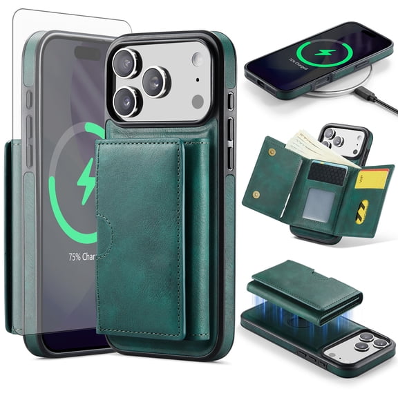 Asuwish Phone Case for iPhone 17 Pro Wallet Magnetic Detachable Cell Cover with Wireless Charging and RFID Blocking Credit Card Holder Flip Stand Kickstand Rugged i Phone17 i17 17Pro Women Men Green