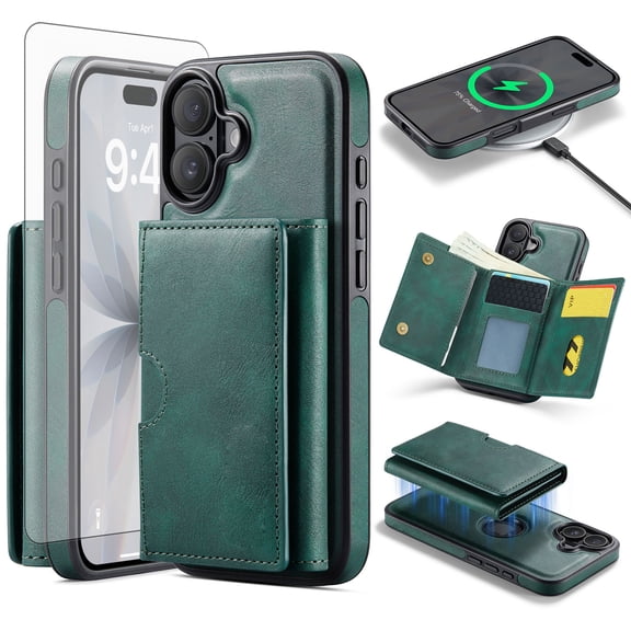Asuwish Phone Case for iPhone 17 Wallet Magnetic Detachable Cell Cover with Wireless Charging and RFID Blocking Credit Card Holder Flip Stand Kickstand Rugged i Phone17 i17 17Case Women Men Green