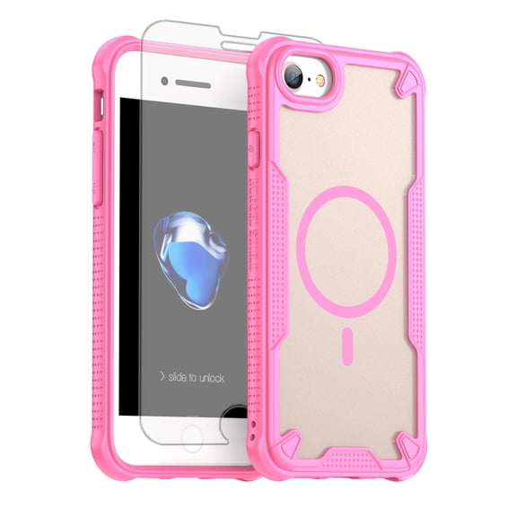 Asuwish Phone Case for iPhone 7 Compatible with Magsafe Magnetic Tempered Glass Screen Protector Translucent Matte Back Shockproof Protective Cell Cover iPhone7 7s i 7SE Women Men Pink