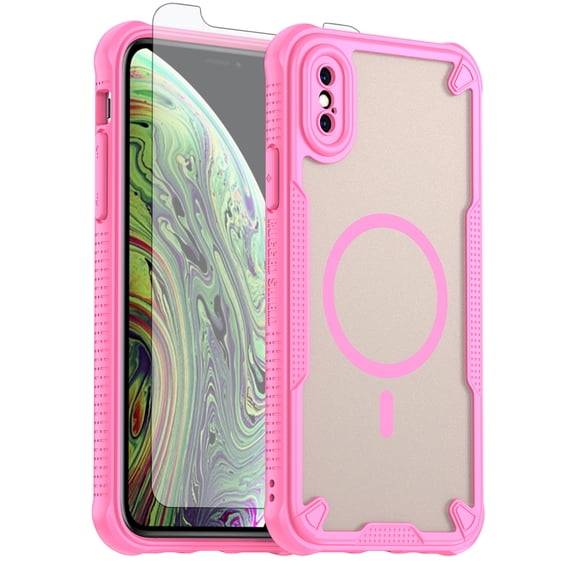 Asuwish Phone Case for iPhone X 10 Compatible with Magsafe Magnetic Tempered Glass Screen Protector Translucent Matte Back Shockproof Protective Cell Cover iPhoneX iPhone10 iPX 10x Women Men Pink